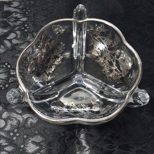 Vintage Silver Overlay Clear Glass Divided Dish Decorative